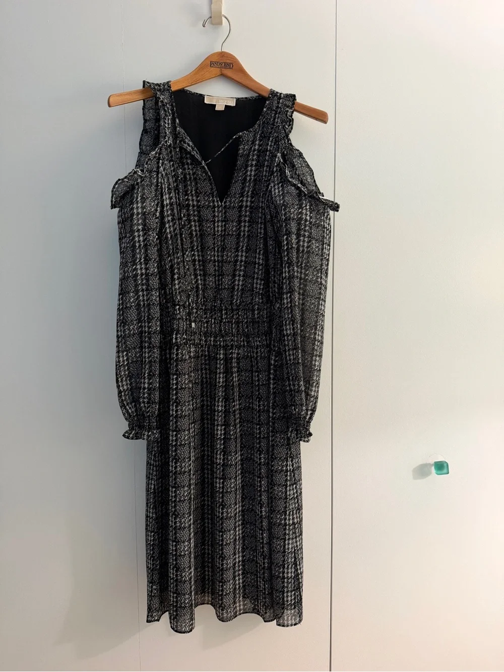 Michael Kors Black & Gray Plaid Cold-Shoulder Midi Dress